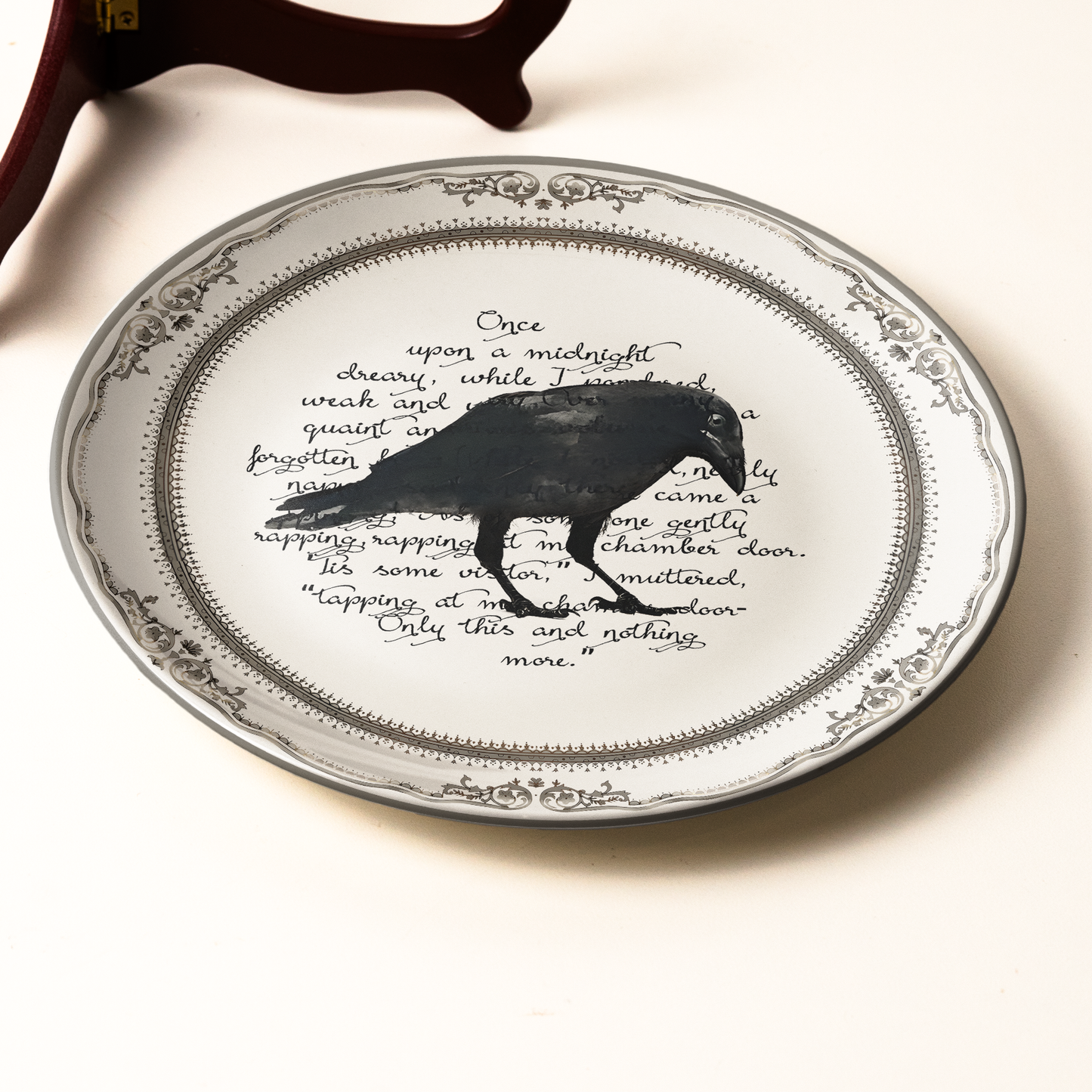 Edgar Allan Poe Raven Ceramic Plate – Midnight Gothic Poetry Décor