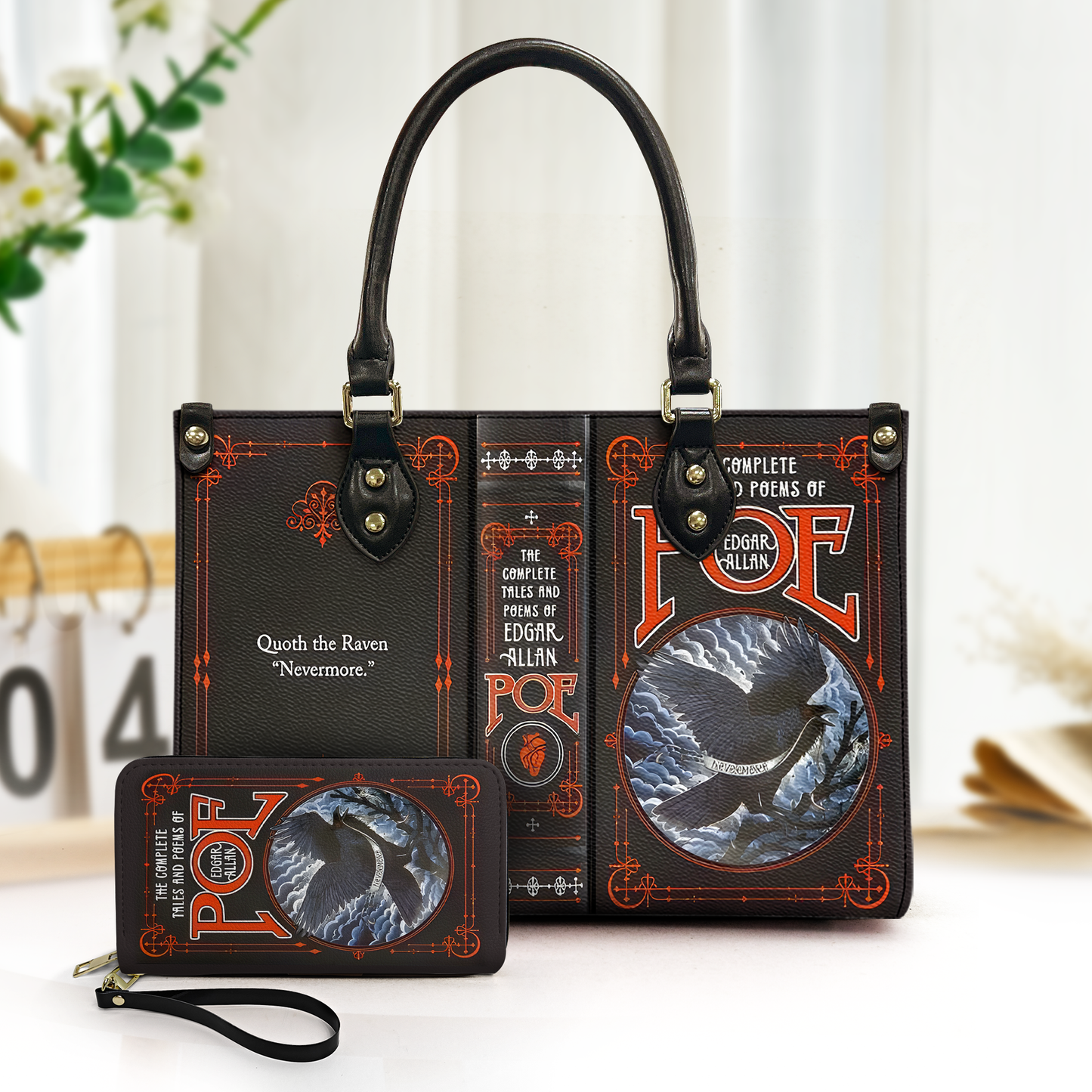 Edgar Allan Poe Raven Book Cover Leather Handbag & Wallet Set – Gothic Literature Inspired Design