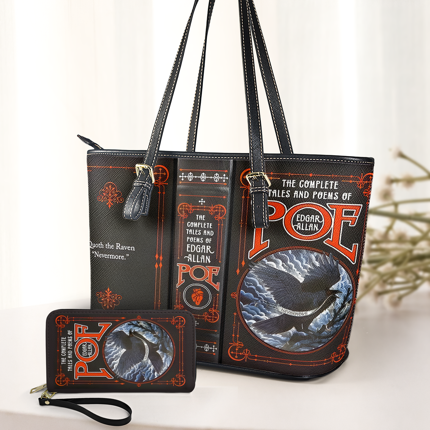 Edgar Allan Poe Raven Book Cover Leather Handbag & Wallet Set – Gothic Literature Inspired Design