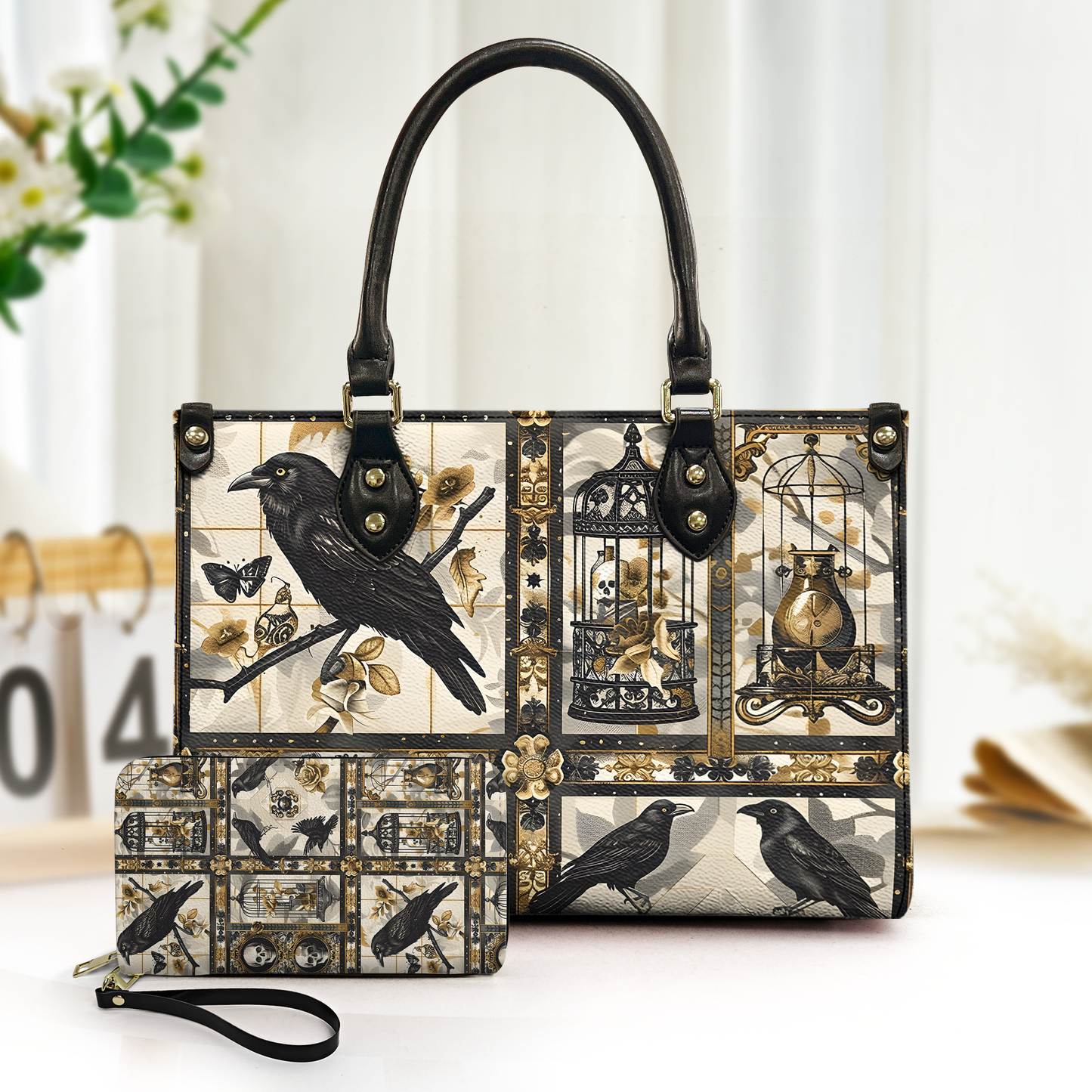 Gothic Raven & Vintage Cage Leather Handbag with Wallet – Dark Elegance Tote