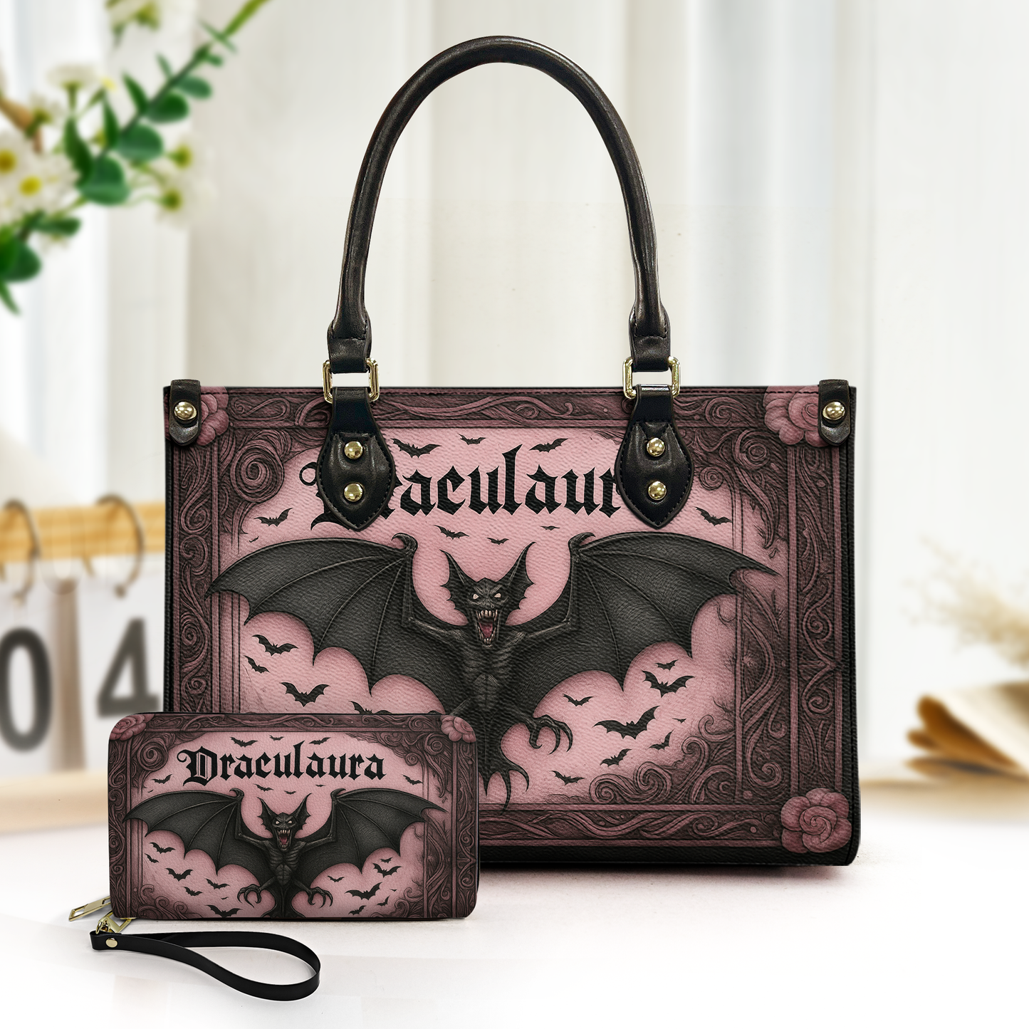 Draculara Bat Gothic Leather Handbag & Wallet Set – Spooky Chic