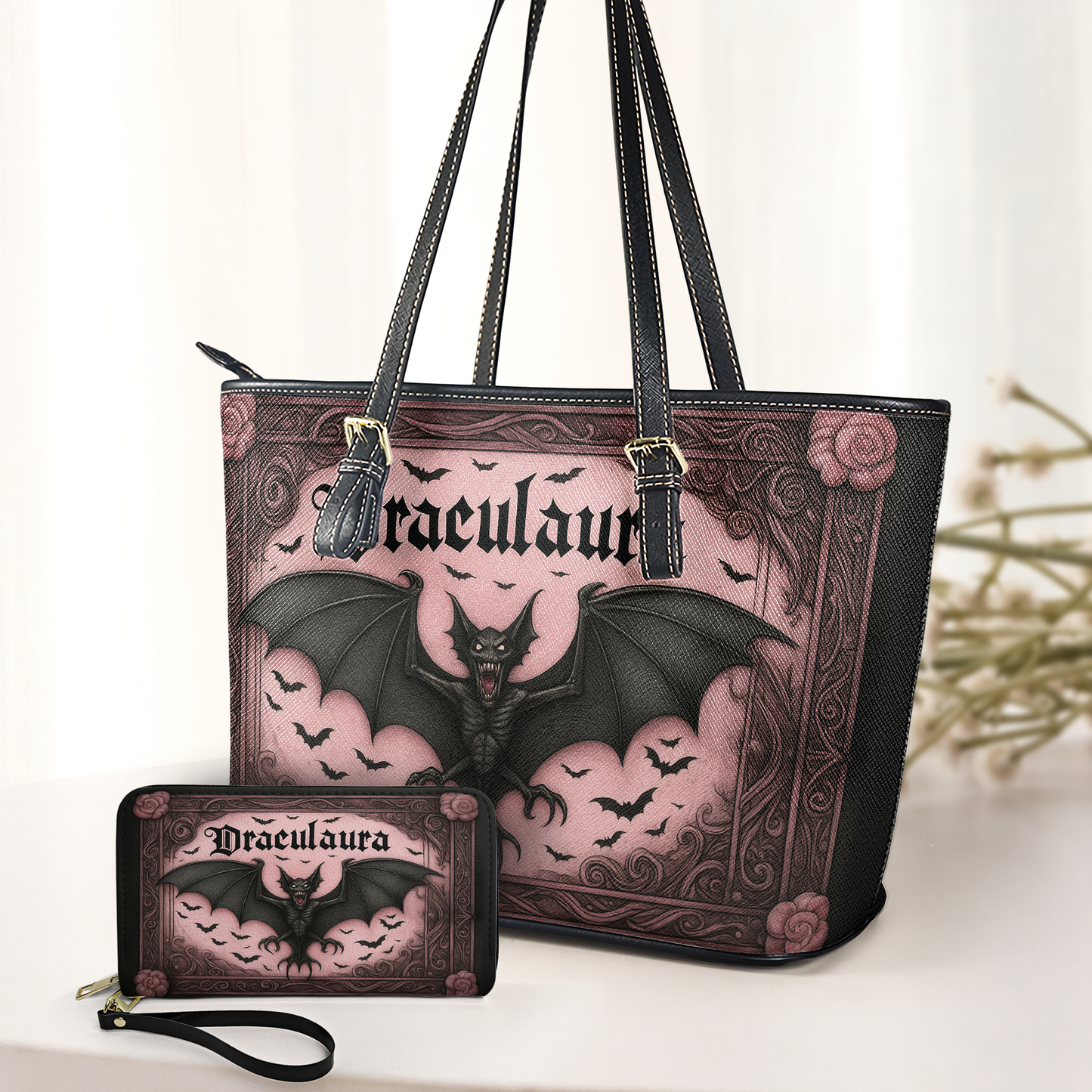 Draculara Bat Gothic Leather Handbag & Wallet Set – Spooky Chic