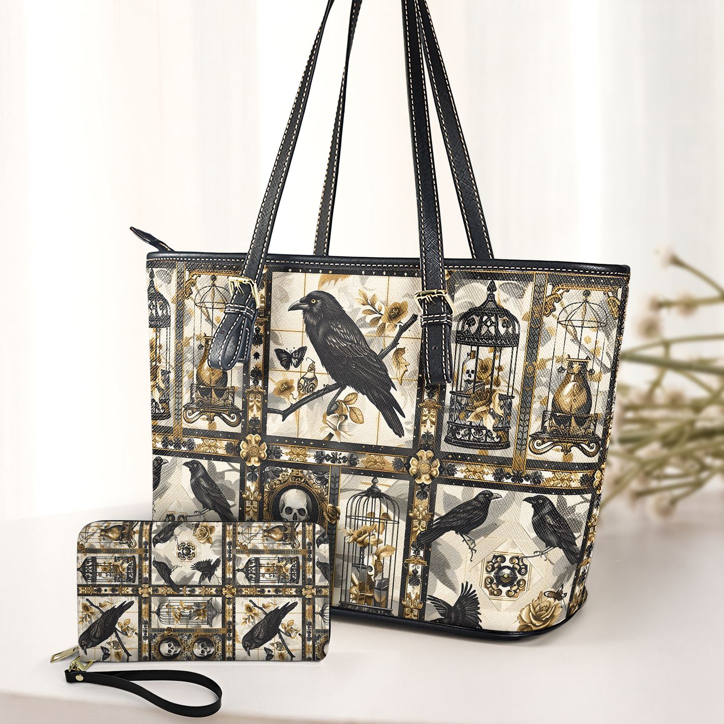 Gothic Raven & Vintage Cage Leather Handbag with Wallet – Dark Elegance Tote