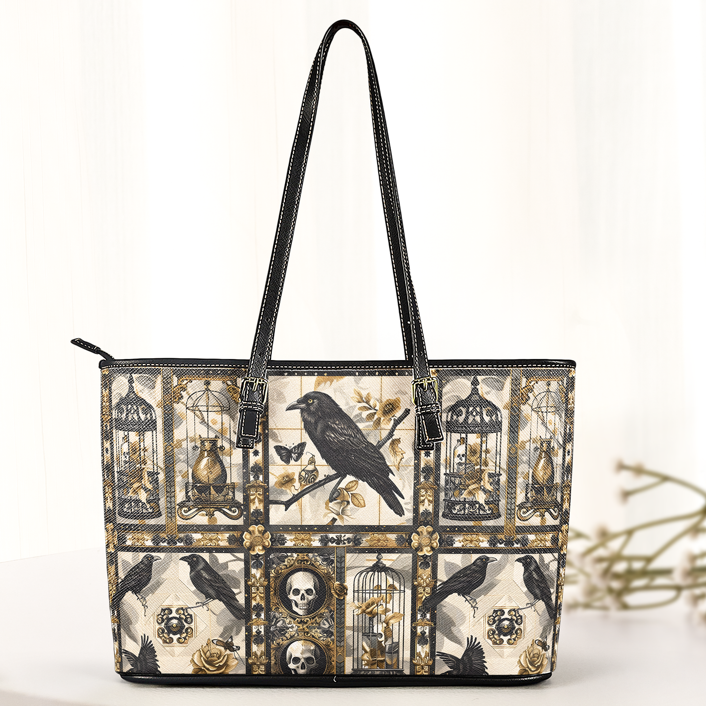 Gothic Raven & Vintage Cage Leather Handbag with Wallet – Dark Elegance Tote