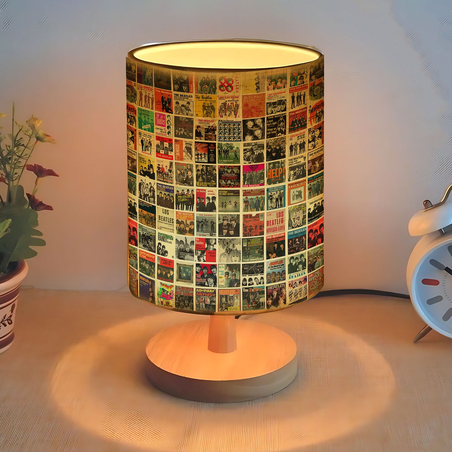 Vintage Beatles Album Cover Collage Table Fabric Lamp