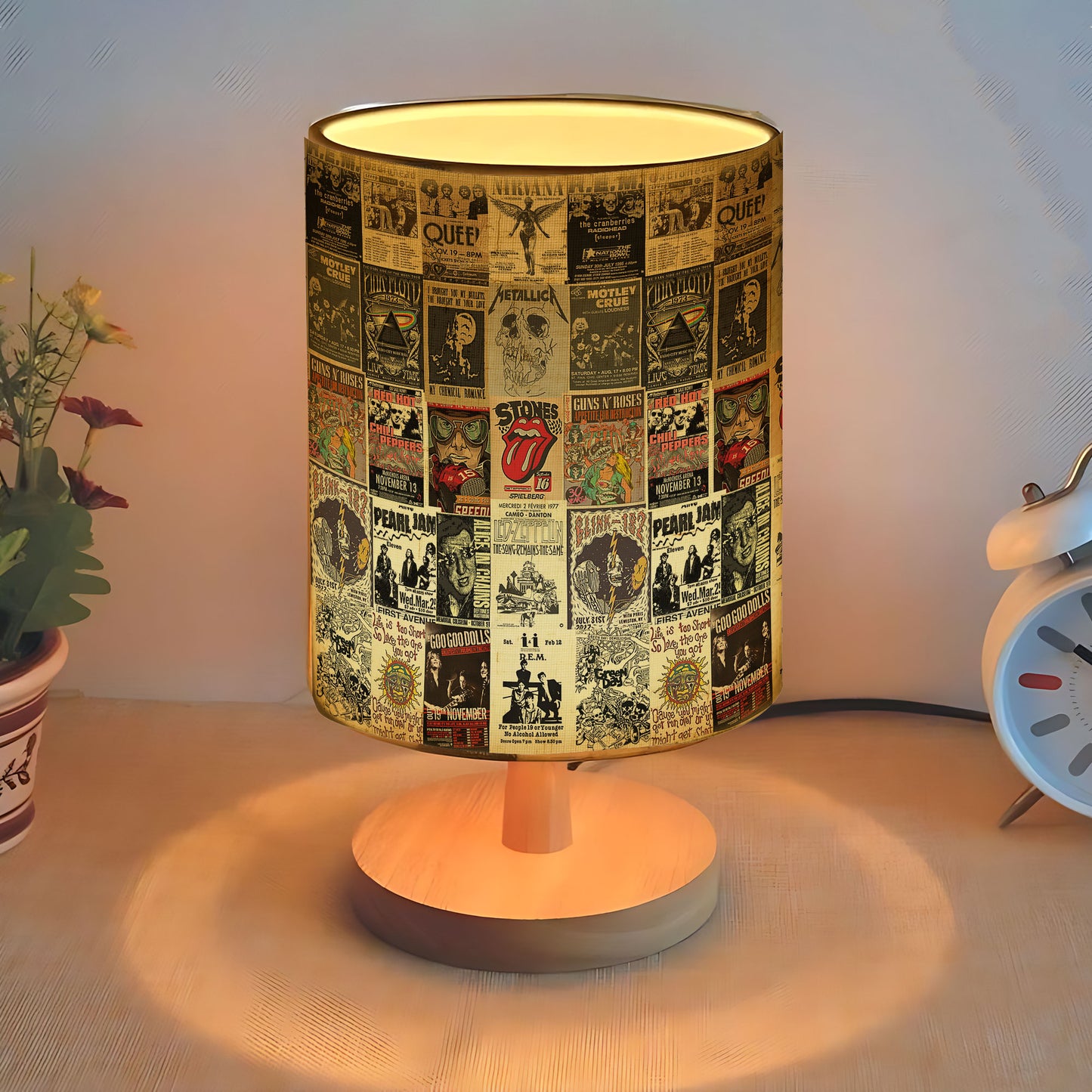 Vintage Rock Band Poster Collage Table Fabric Lamp