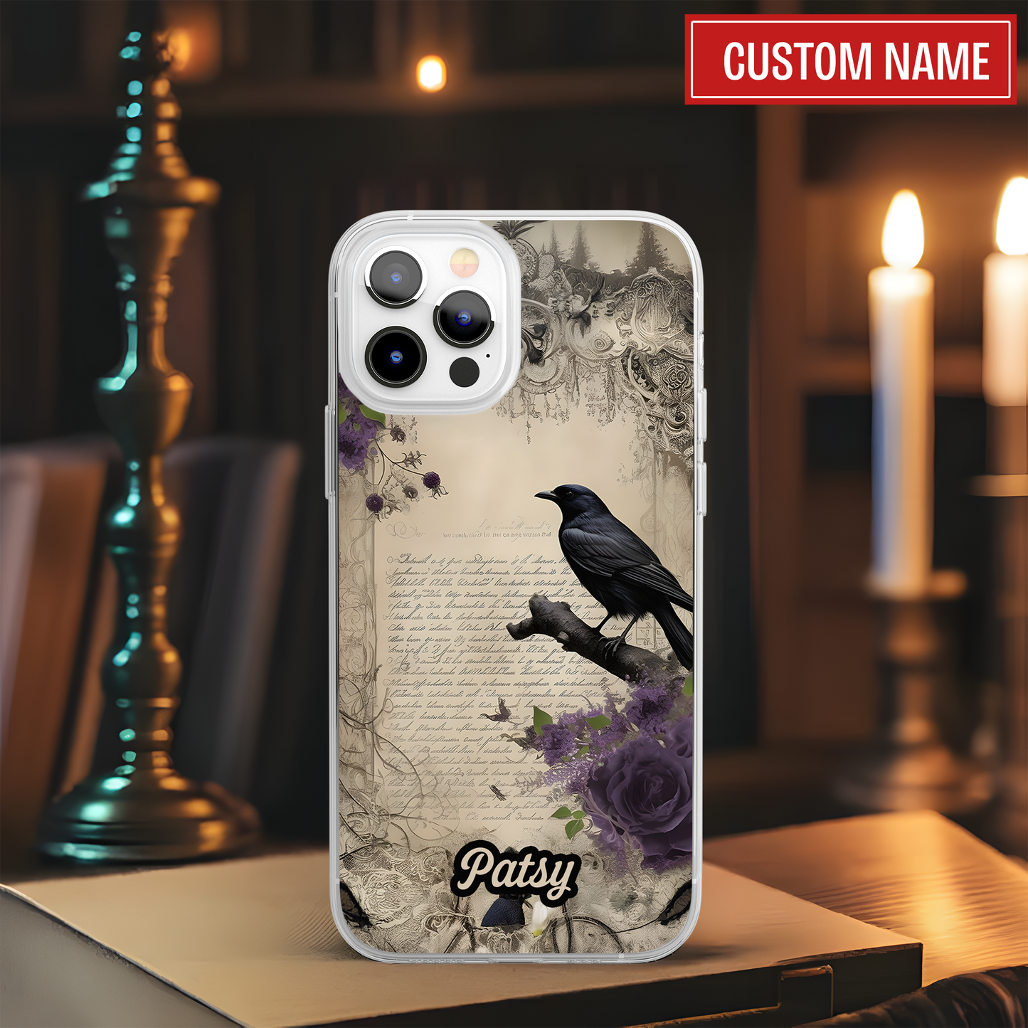 Custom Gothic Raven Phone Case – Dark Fantasy Crow with Vintage Script & Purple Roses