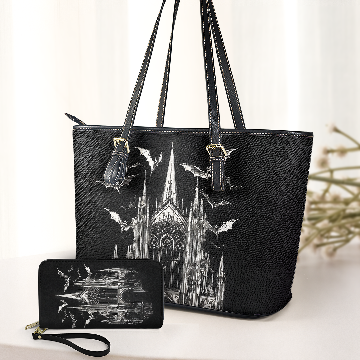 Gothic Cathedral & Bats Leather Handbag & Wallet Set