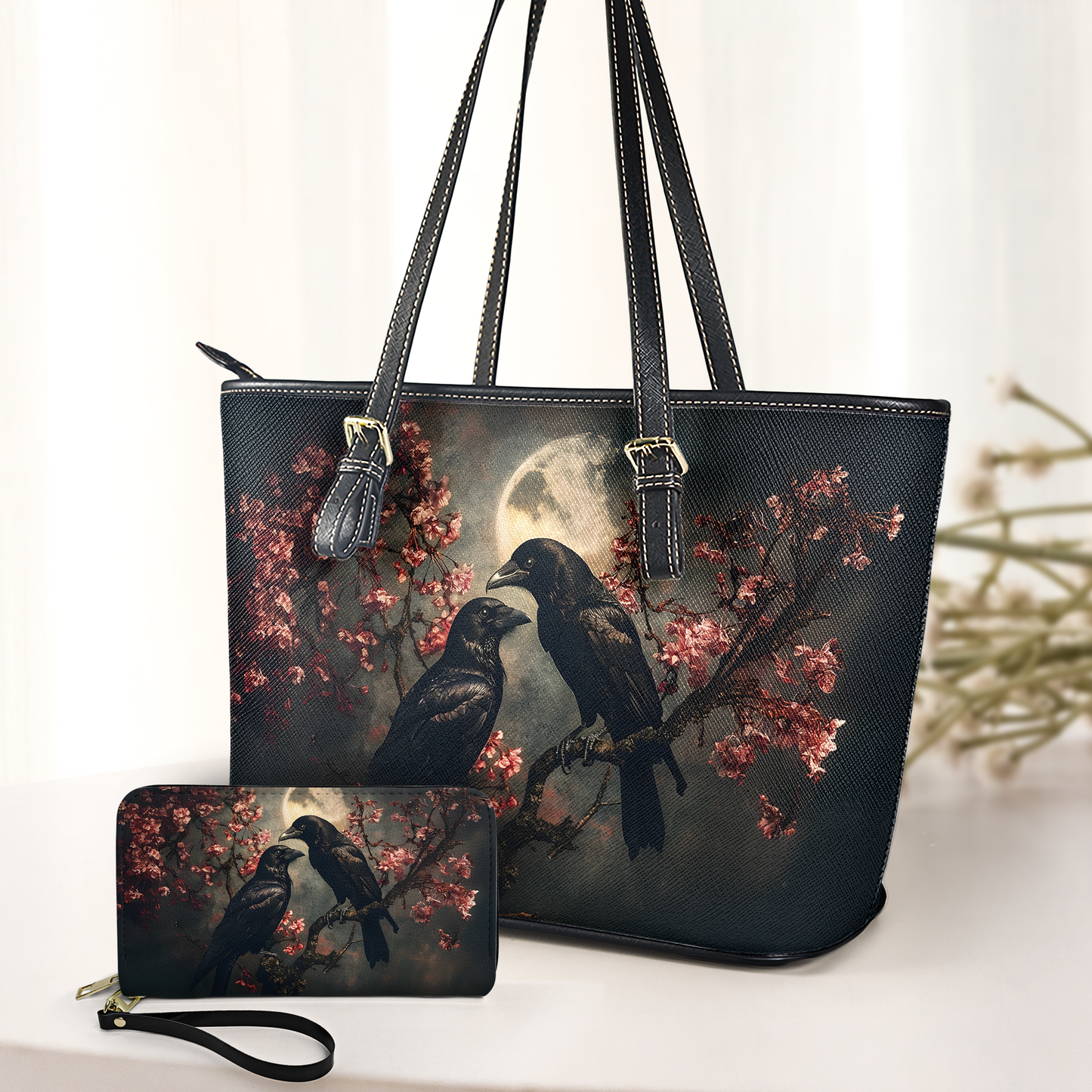 Raven Couple in Dark Forest - Leather Handbag & Wallet Set