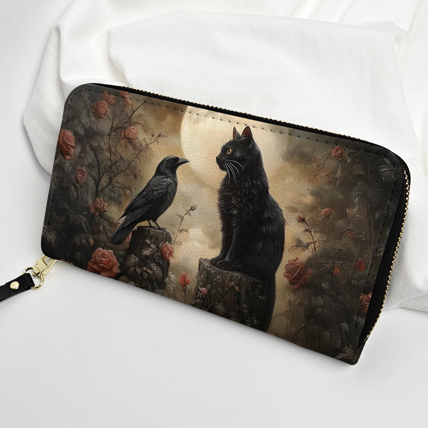 Mystic Moon Black Cat & Raven Gothic Leather Handbag with Wallet