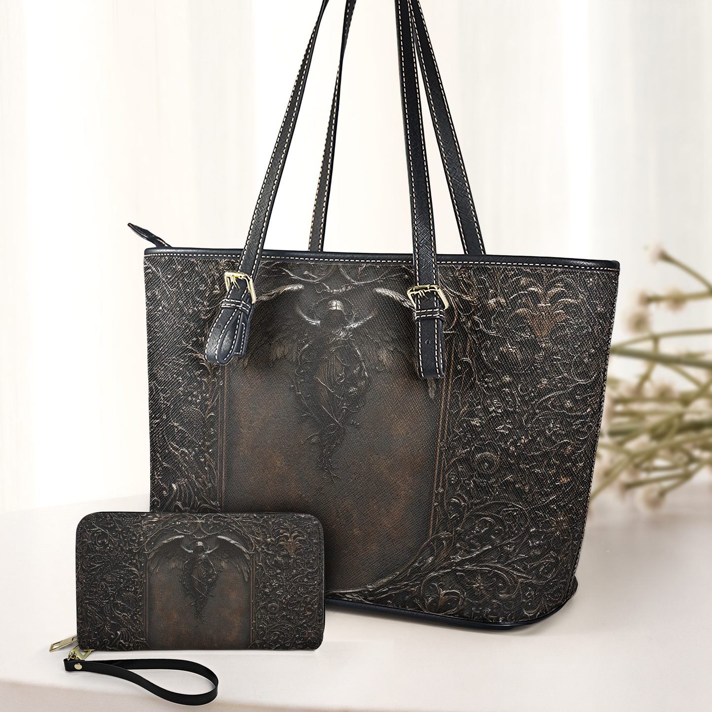 Gothic Angel Leather Handbag & Wallet Set