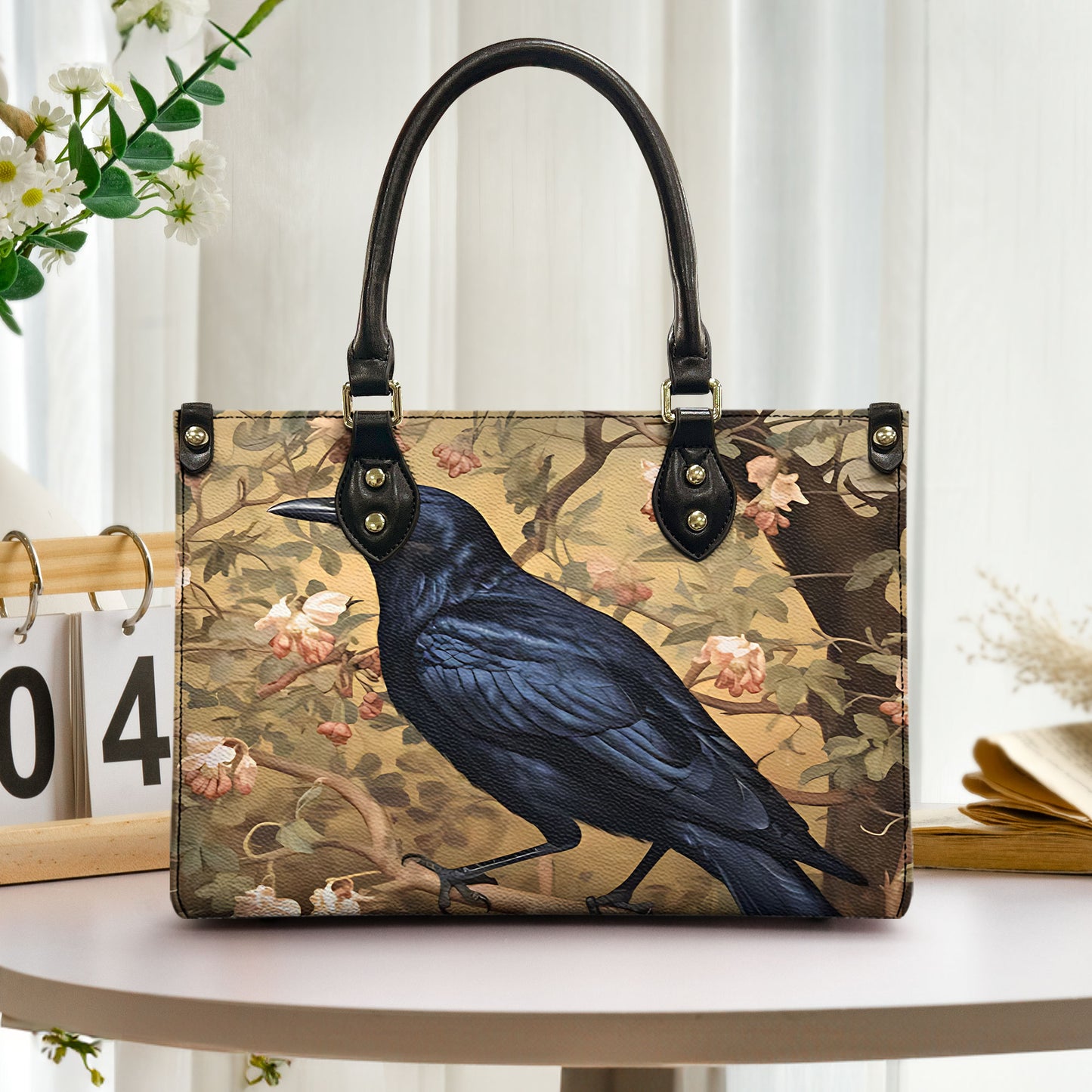 Vintage Raven Leather Handbag & Wallet Set – Gothic Elegance with Floral Charm