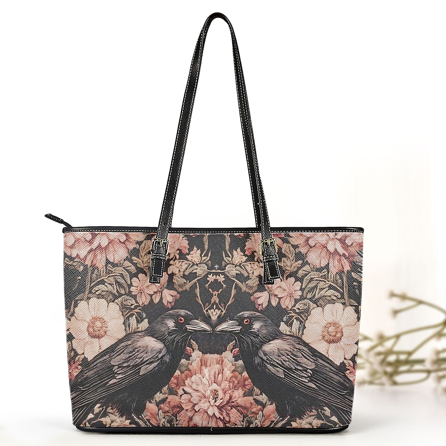 Gothic Raven & Floral Leather Handbag & Wallet Set – Vintage Dark Romance