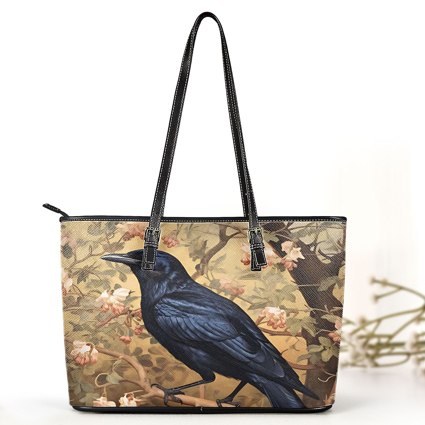 Vintage Raven Leather Handbag & Wallet Set – Gothic Elegance with Floral Charm