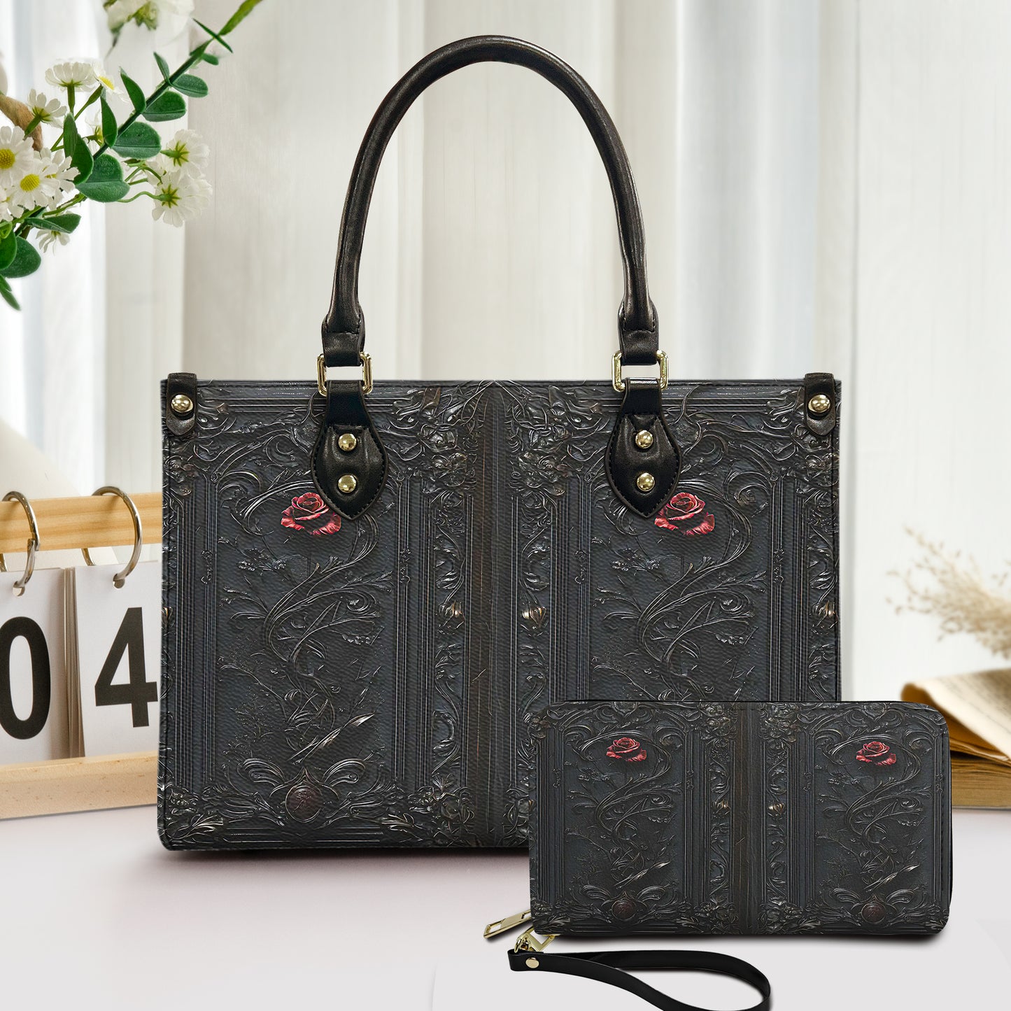 Vintage Gothic Rose Journal - Dark Romantic Leather Handbag & Wallet Set