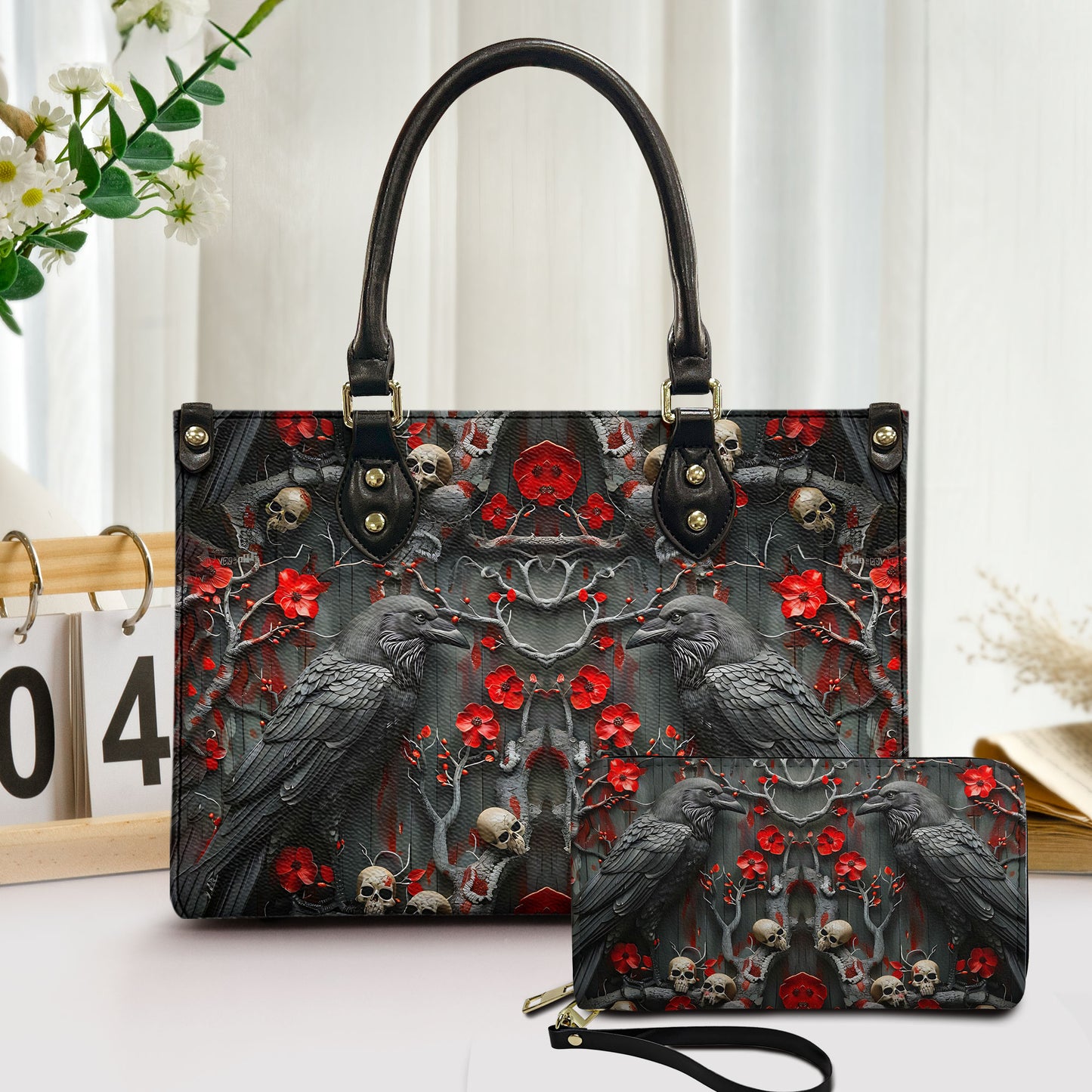 Gothic Raven & Skull Gothic Leather Handbag & Wallet Set