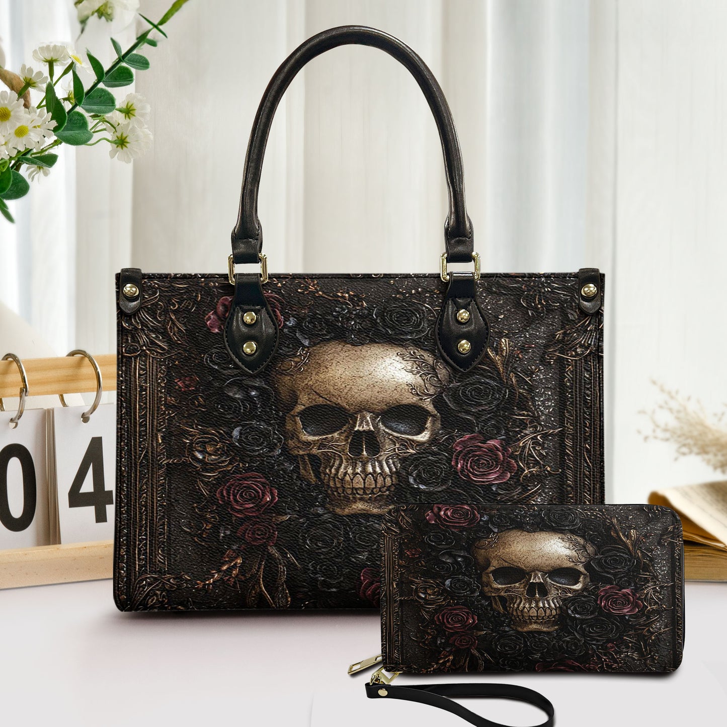 Gothic Skull Roses Leather Handbag & Wallet Set