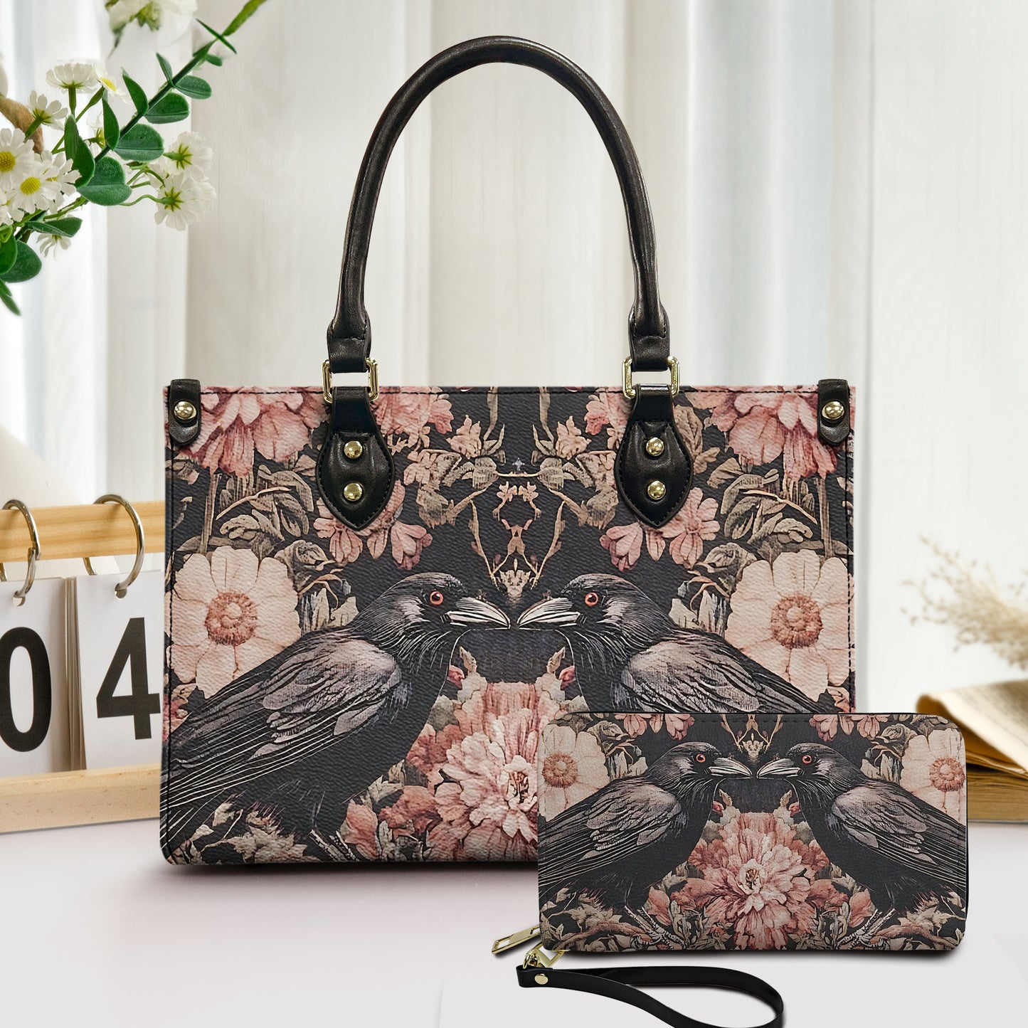 Gothic Raven & Floral Leather Handbag & Wallet Set – Vintage Dark Romance