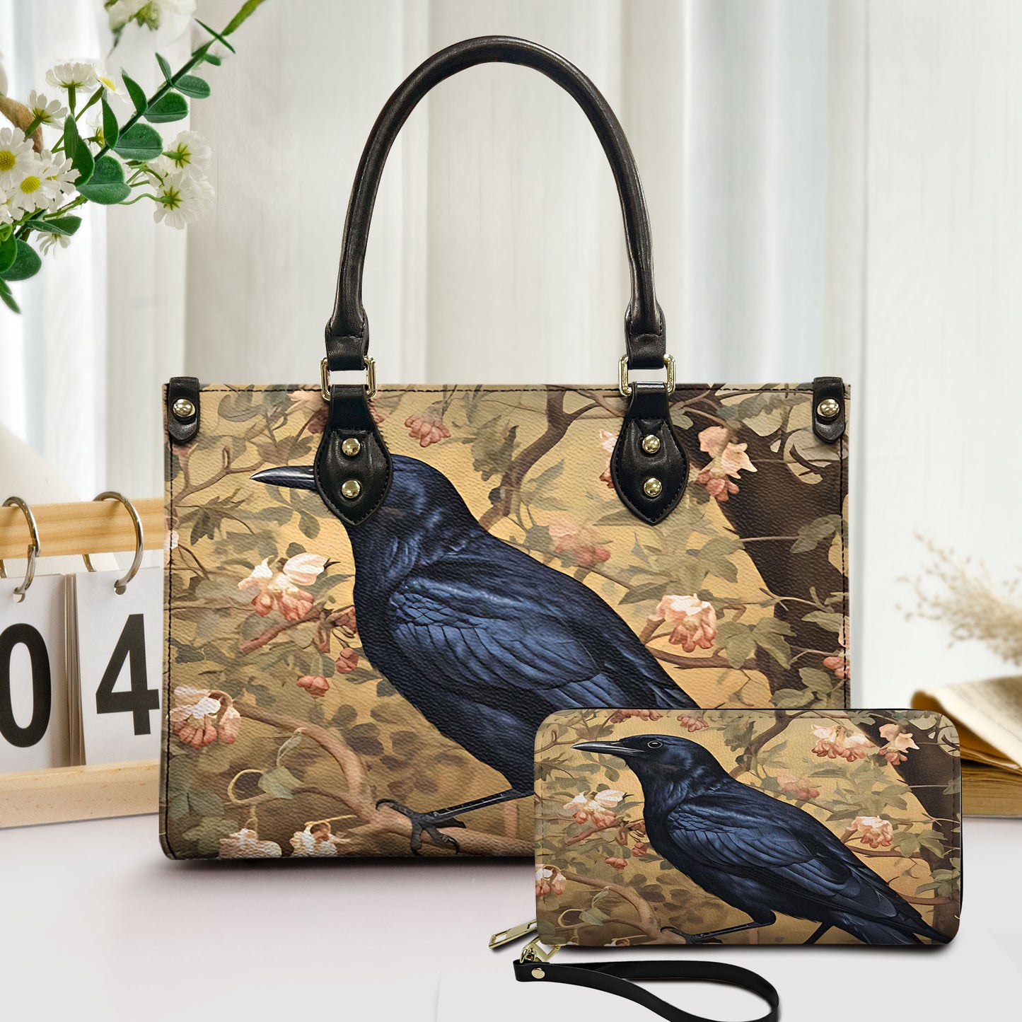 Vintage Raven Leather Handbag & Wallet Set – Gothic Elegance with Floral Charm
