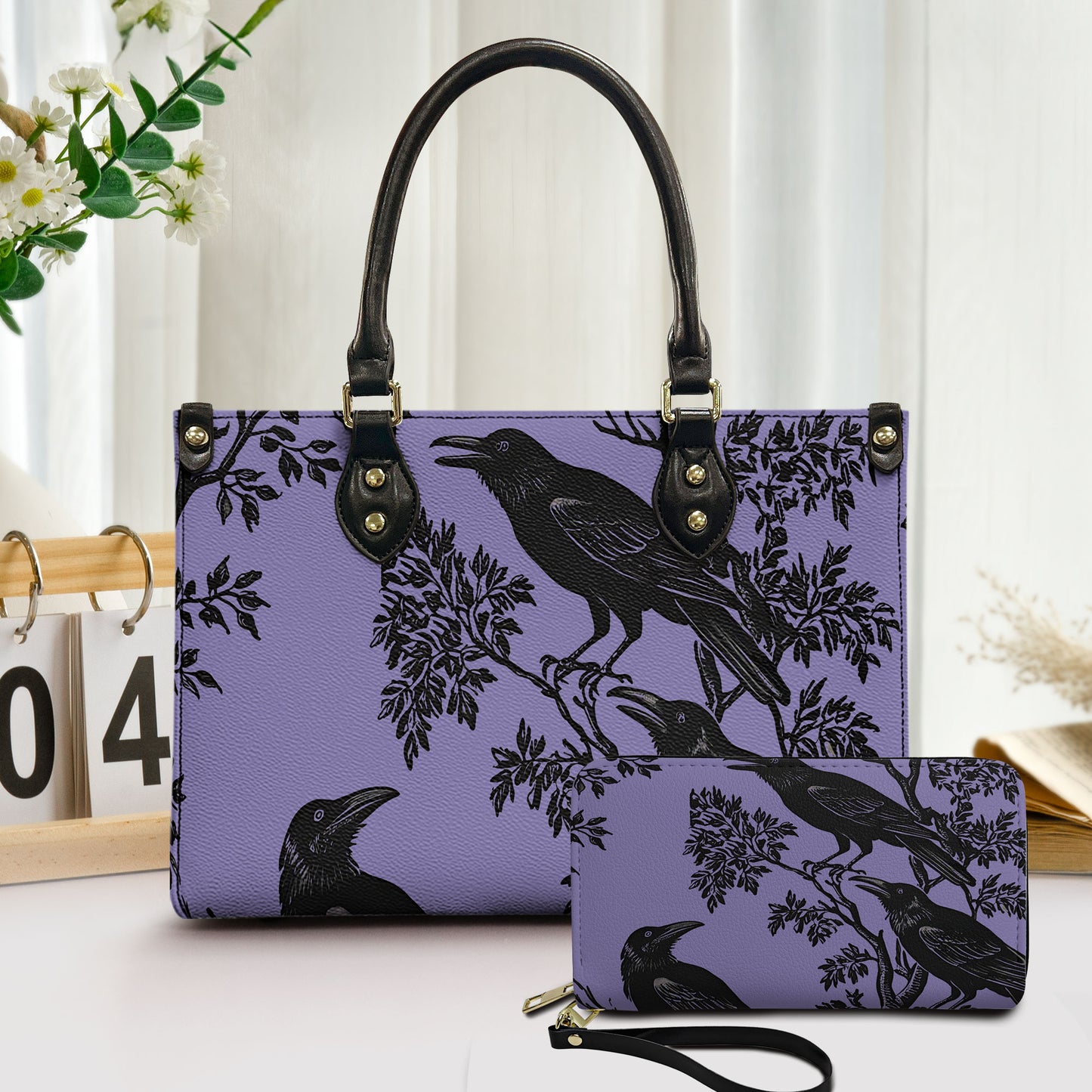 Purple Raven Leather Tote Bag with Matching Wallet – Gothic Aesthetic Handbag Set