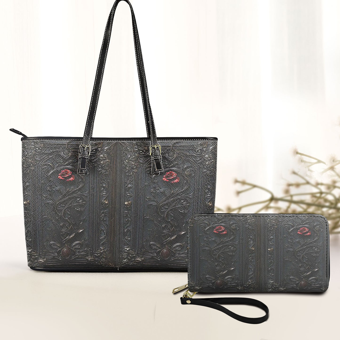 Vintage Gothic Rose Journal - Dark Romantic Leather Handbag & Wallet Set