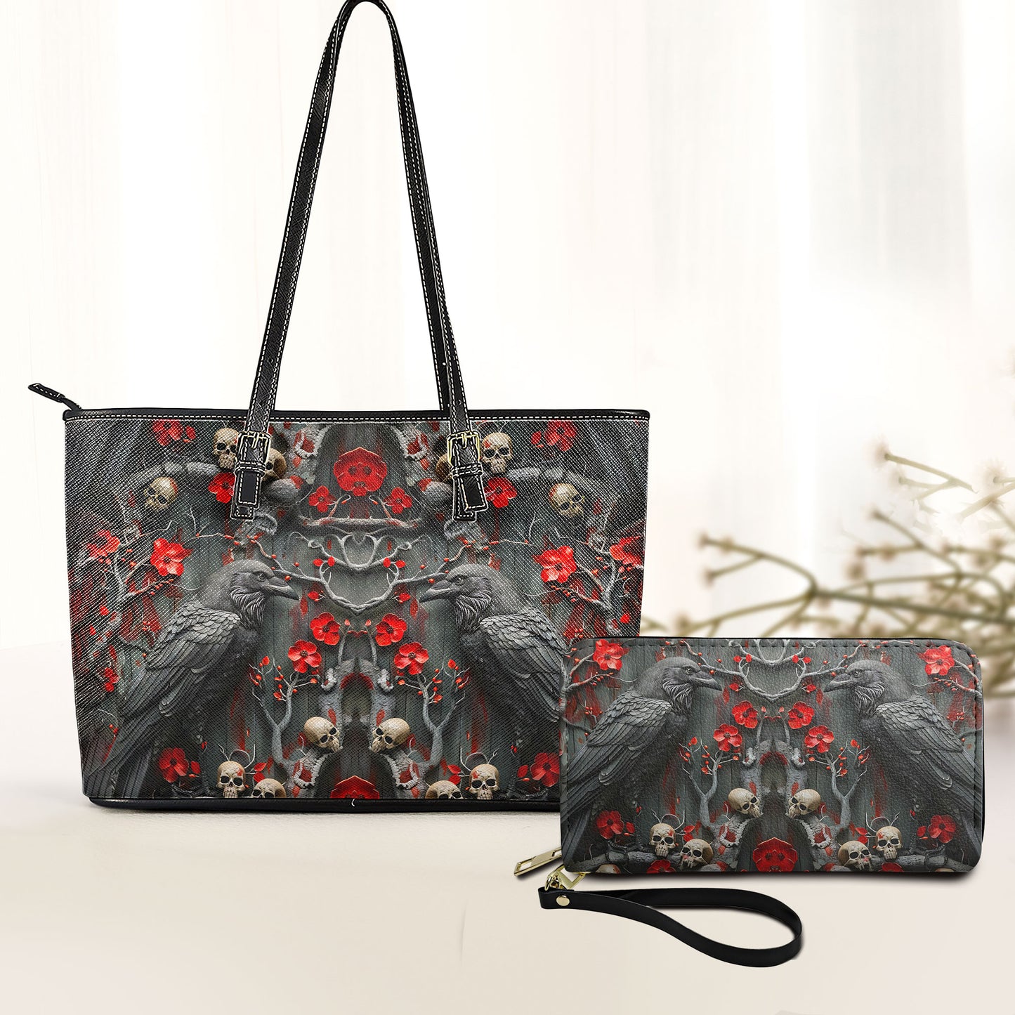 Gothic Raven & Skull Gothic Leather Handbag & Wallet Set