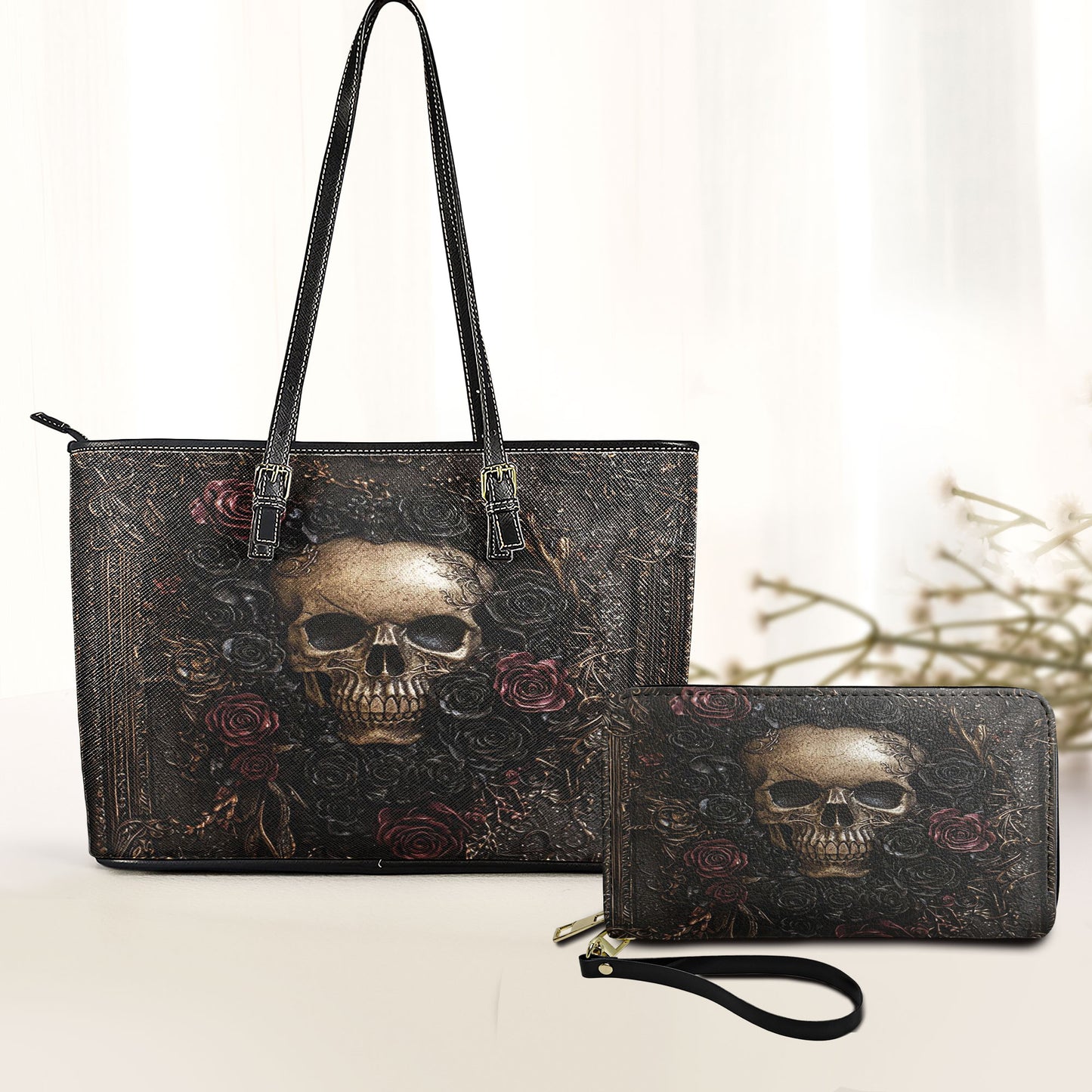 Gothic Skull Roses Leather Handbag & Wallet Set