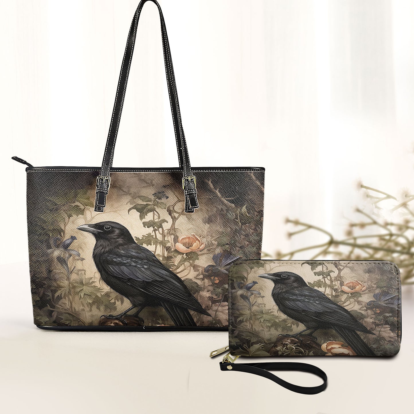 Vintage Raven Leather Handbag with Enchanted Garden Design
