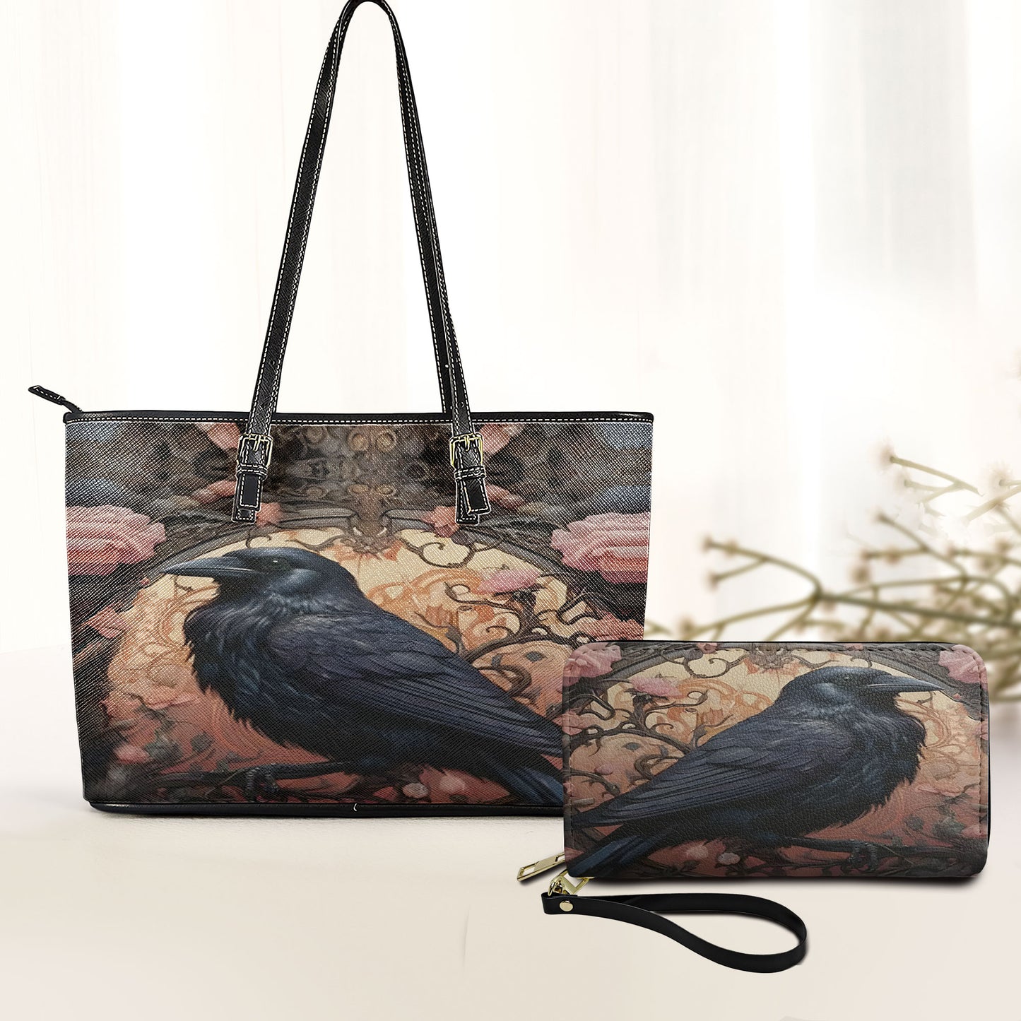 The Silent Raven Leather Handbag & Wallet Set – Gothic Grace in Shadowed Bloom