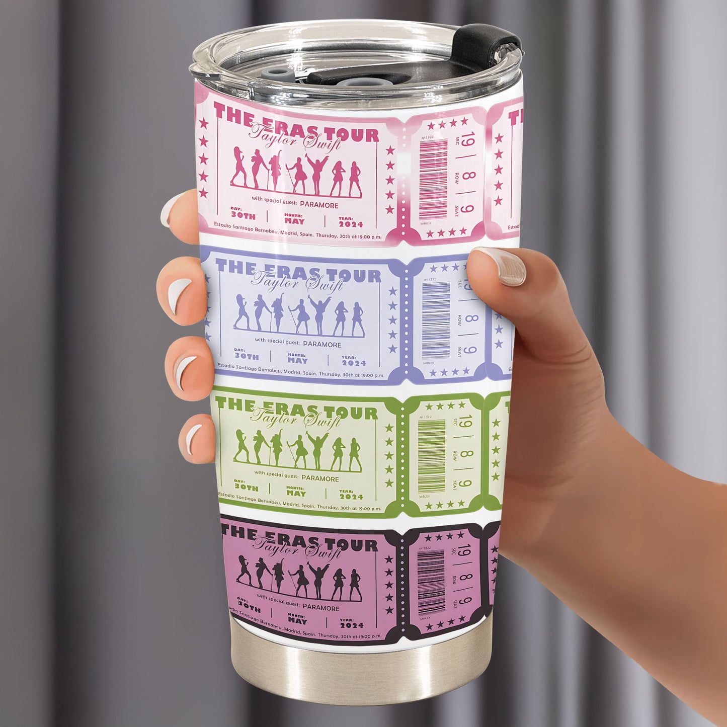 Taylor Swift “The Eras Tour” Concert Ticket Tumbler – Colorful Collectible Design