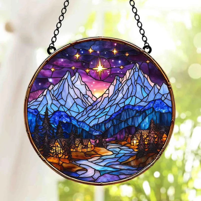Velaris Stained Glass Suncatcher – Starfall Mountain Village Scene