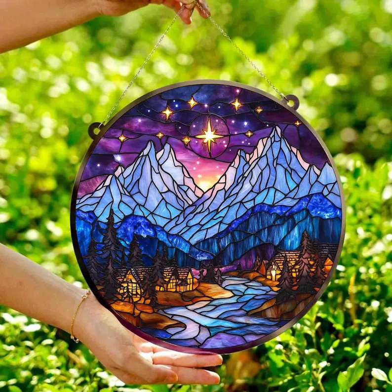 Velaris Stained Glass Suncatcher – Starfall Mountain Village Scene
