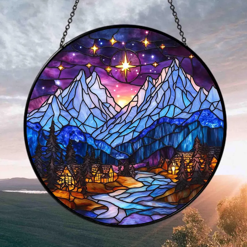 Velaris Stained Glass Suncatcher – Starfall Mountain Village Scene