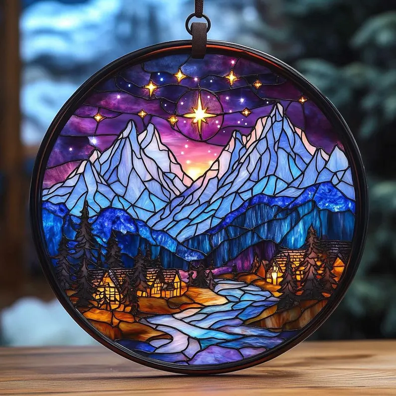 Velaris Stained Glass Suncatcher – Starfall Mountain Village Scene