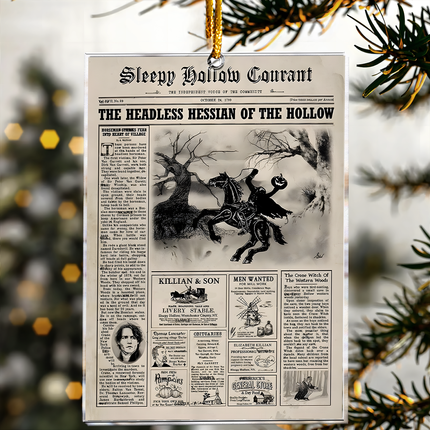 Sleepy Hollow Headless Horseman Newspaper Acrylic Ornament