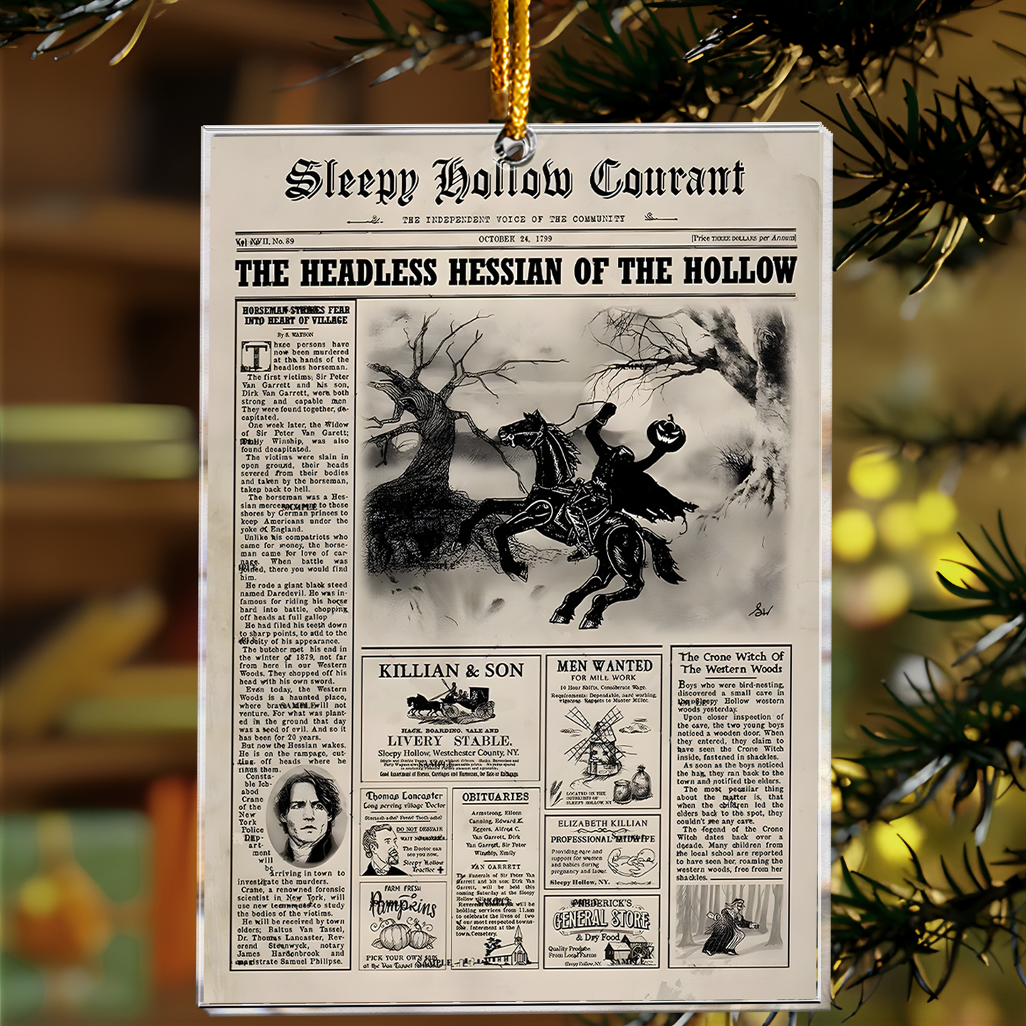 Sleepy Hollow Headless Horseman Newspaper Acrylic Ornament