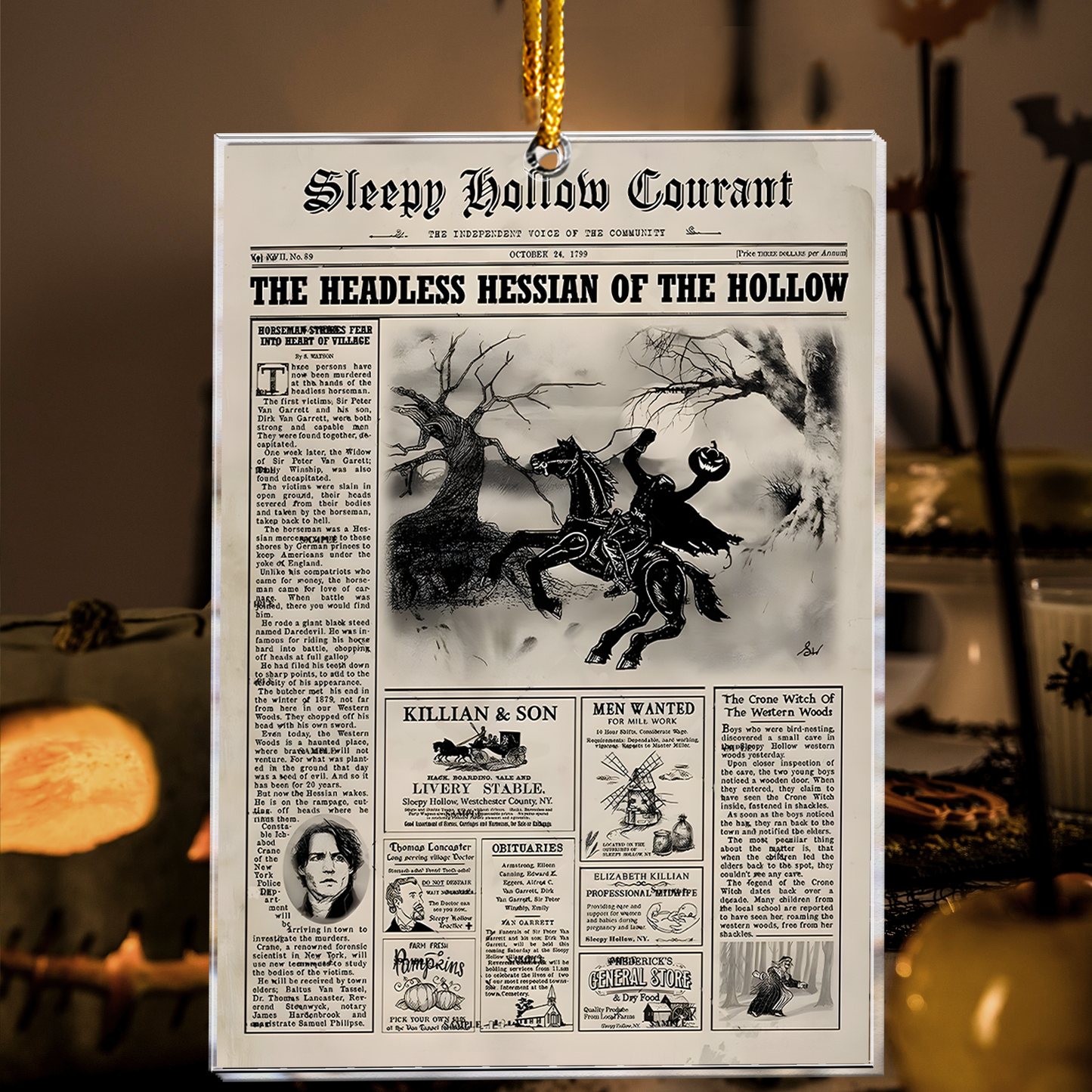 Sleepy Hollow Headless Horseman Newspaper Acrylic Ornament