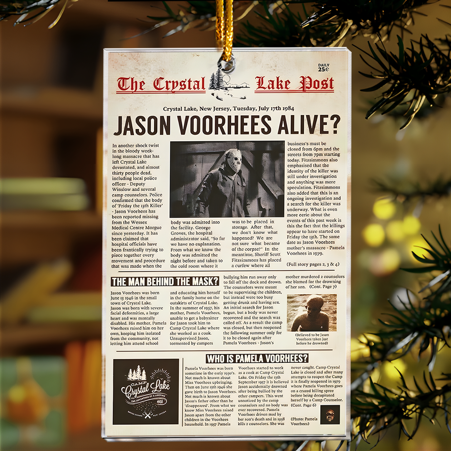 Crystal Lake Post Jason Voorhees Horror Newspaper Acrylic Ornament