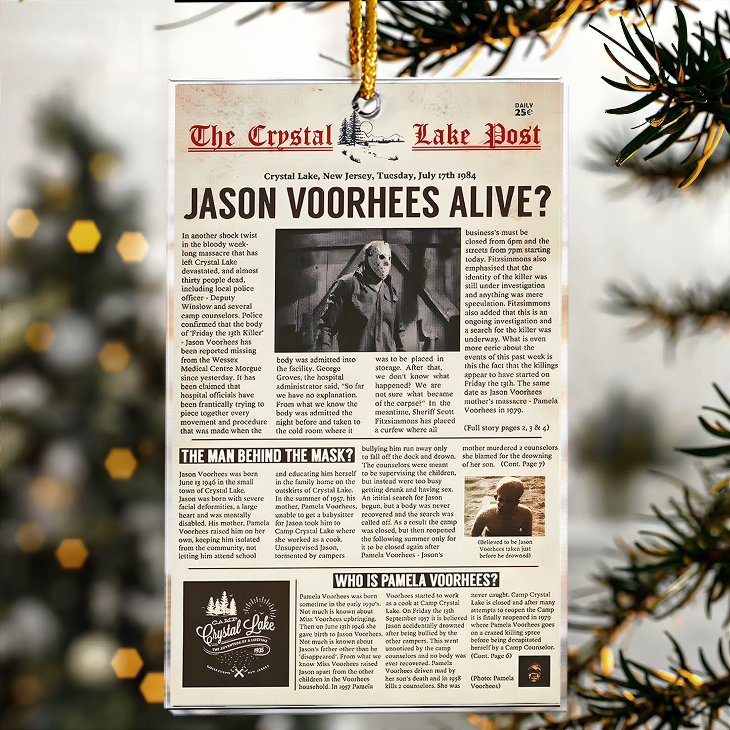 Crystal Lake Post Jason Voorhees Horror Newspaper Acrylic Ornament