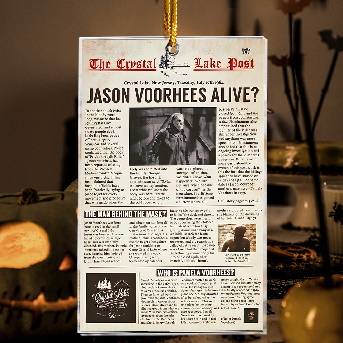 Crystal Lake Post Jason Voorhees Horror Newspaper Acrylic Ornament