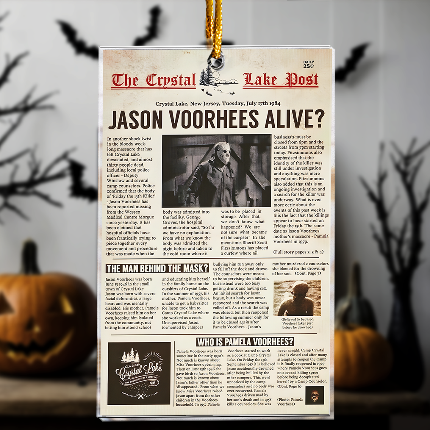 Crystal Lake Post Jason Voorhees Horror Newspaper Acrylic Ornament