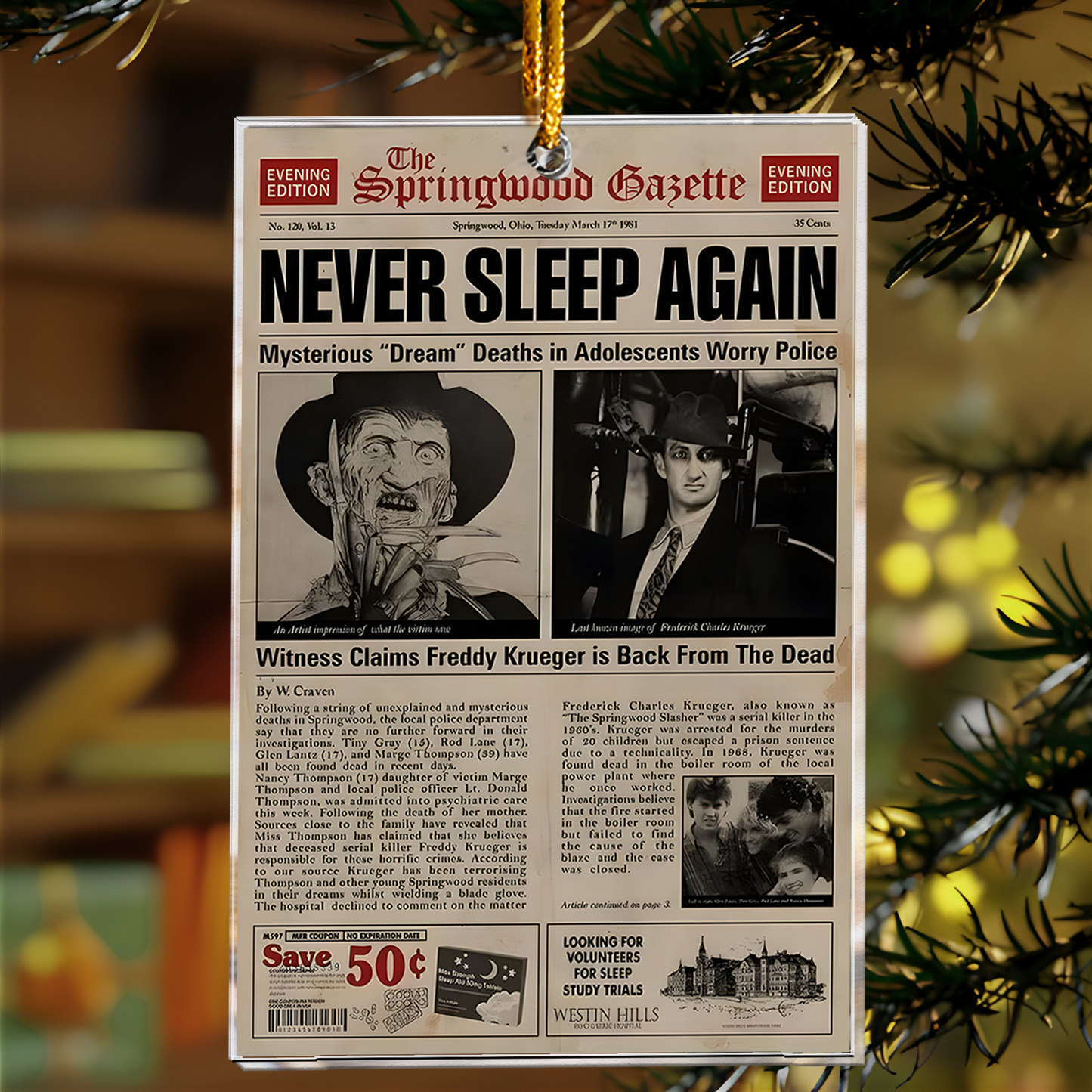 Freddy Krueger Newspaper Horror Design Acrylic Ornament