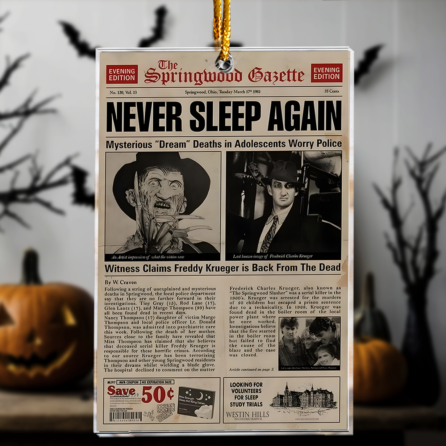 Freddy Krueger Newspaper Horror Design Acrylic Ornament