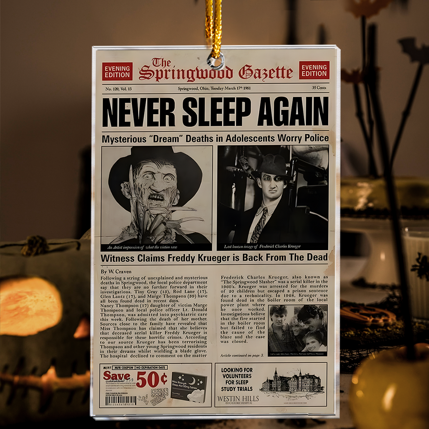 Freddy Krueger Newspaper Horror Design Acrylic Ornament
