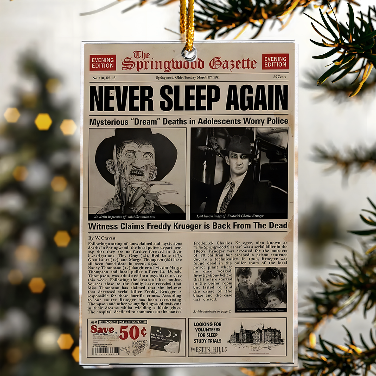 Freddy Krueger Newspaper Horror Design Acrylic Ornament