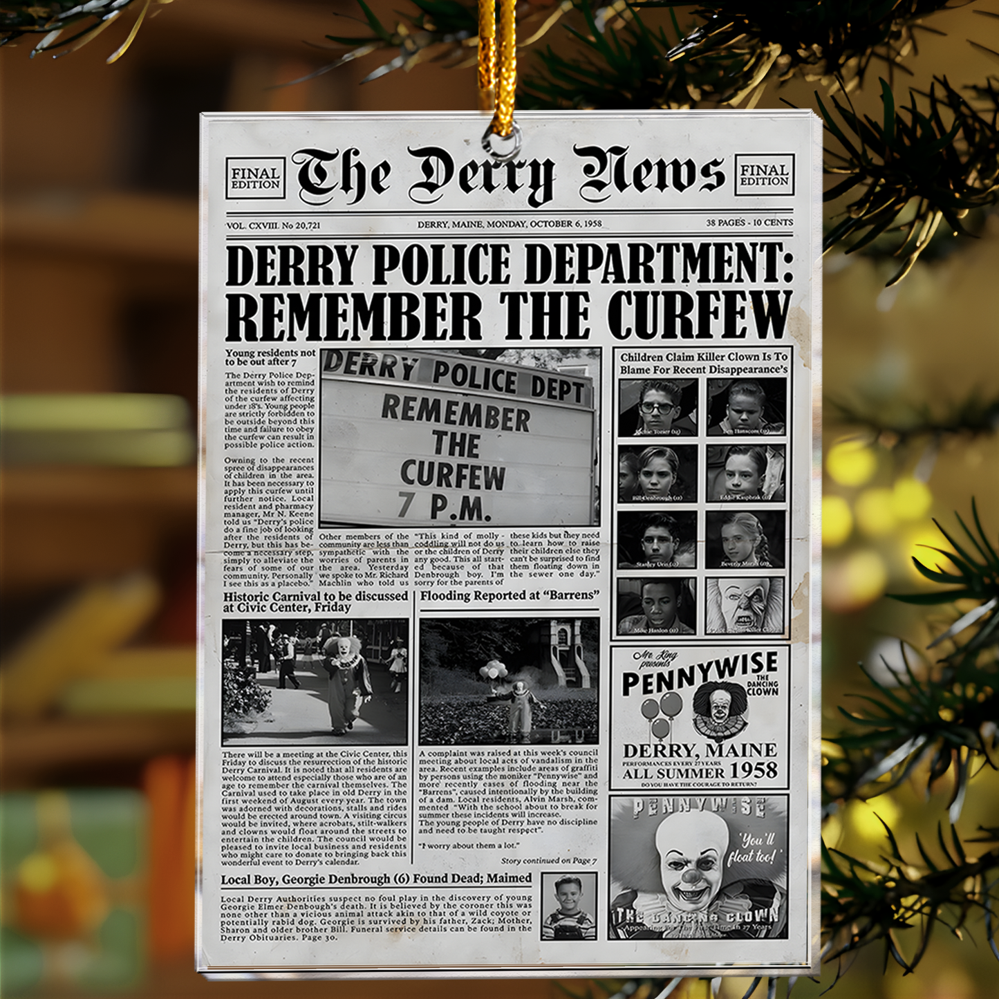 Derry News Pennywise Horror Newspaper Acrylic Ornament