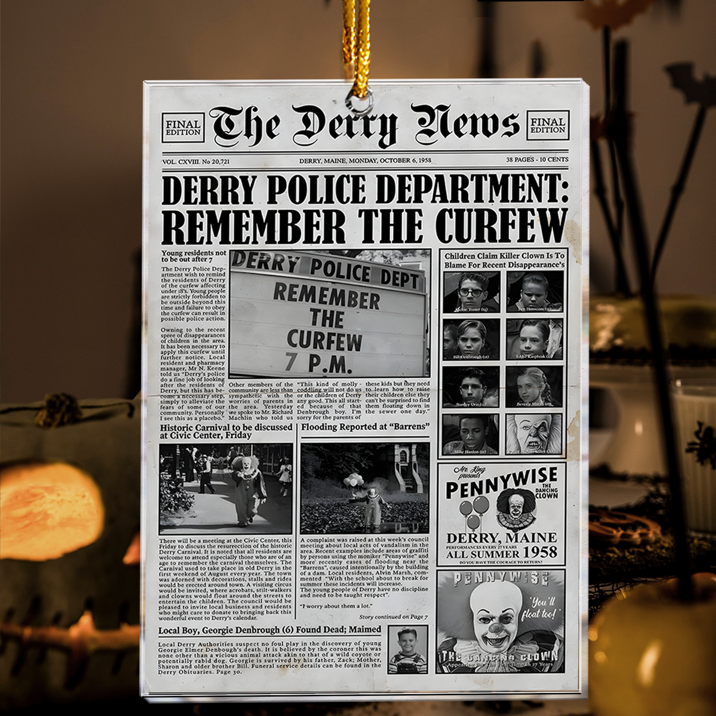 Derry News Pennywise Horror Newspaper Acrylic Ornament