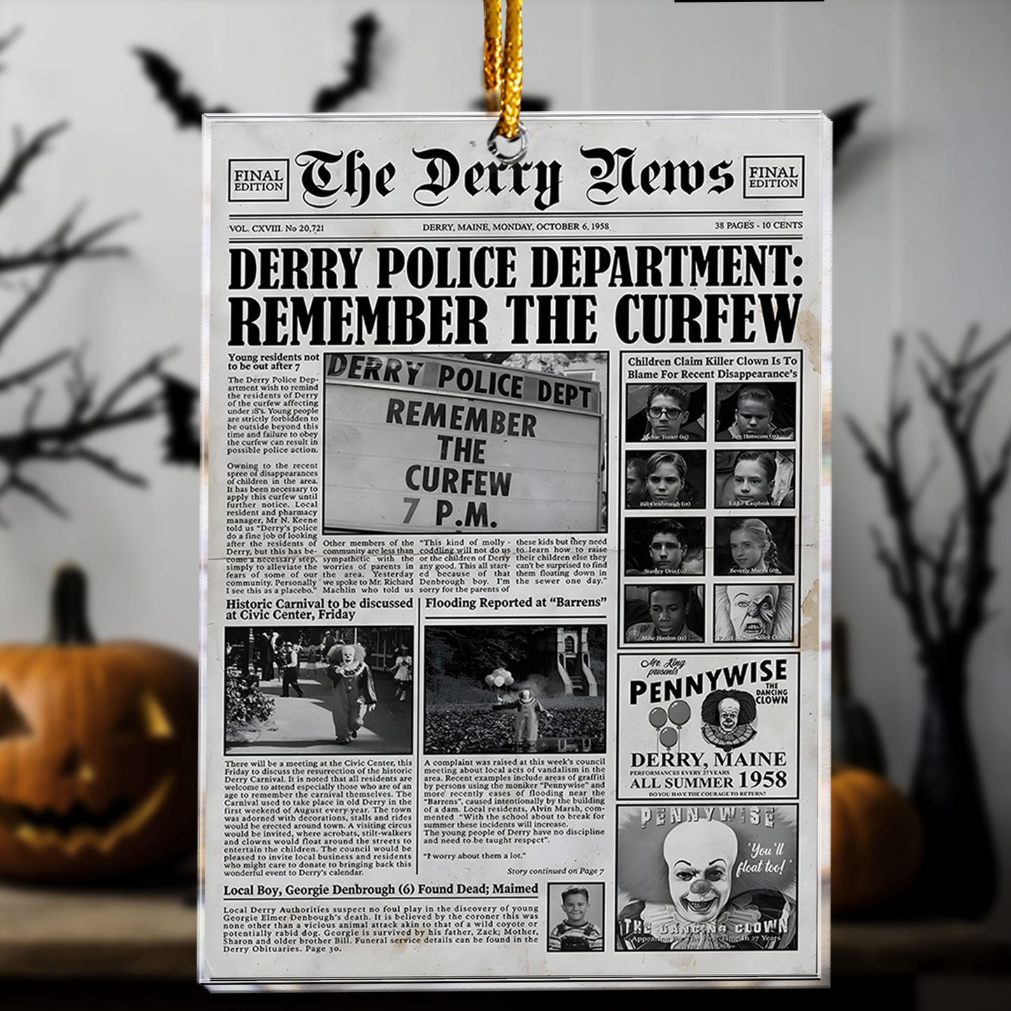 Derry News Pennywise Horror Newspaper Acrylic Ornament