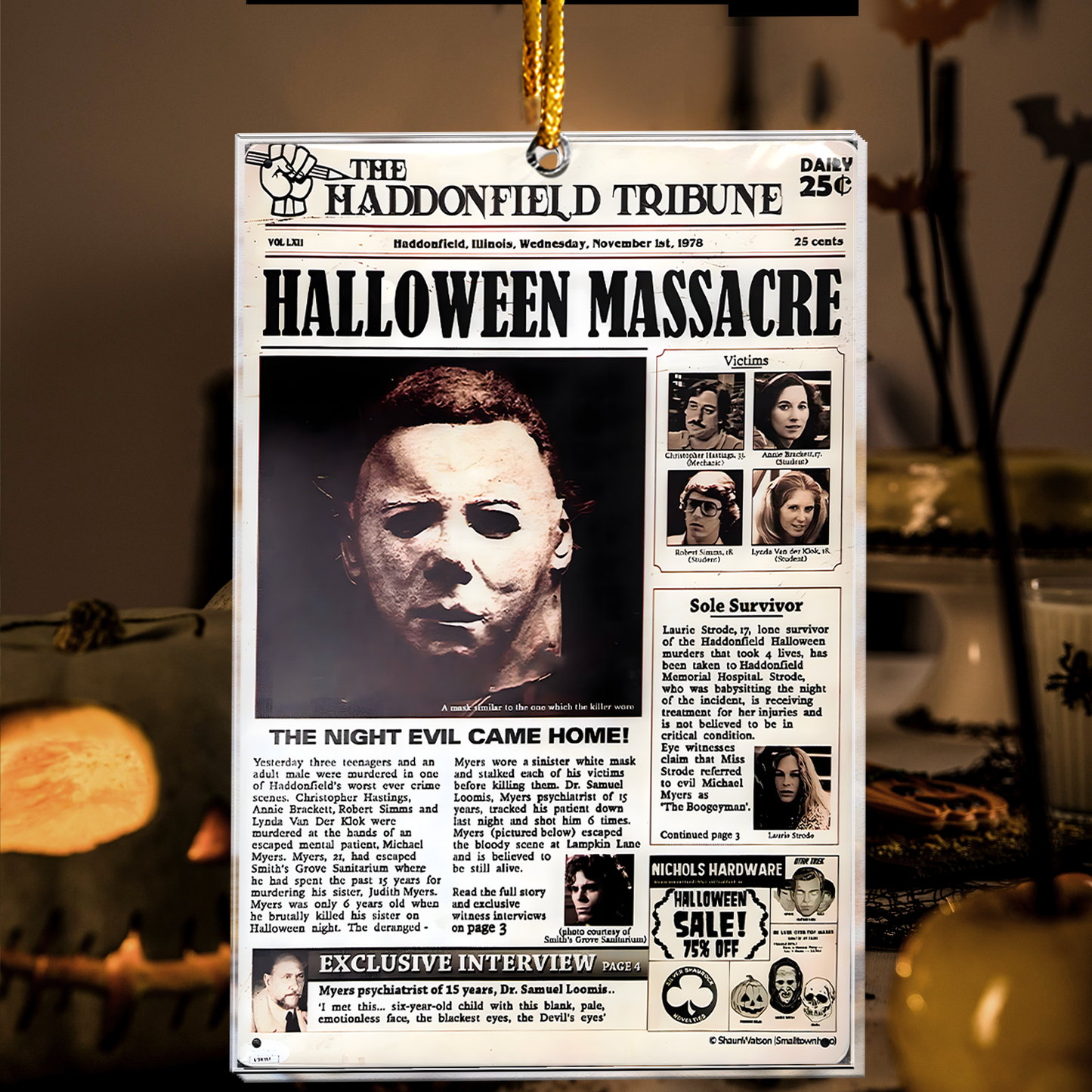 Halloween Massacre Newspaper Acrylic Ornament