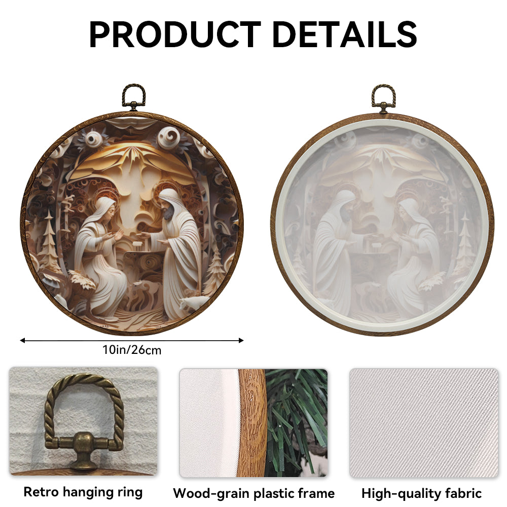 Holy Family Nativity Framed Round Wall Art – Paper Sculpture Style Christmas Décor